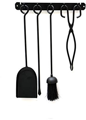 Black 4 Piece Wall Mounted Companion Set Includes - Wall Mounting Bracket - Shovel - Brush - Poker - Fireside - Fireplace - Hanging - Practical
