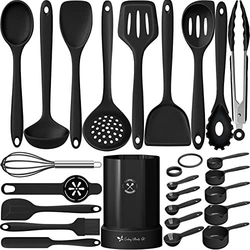 Fungun Silikon-Küchenutensilien-Set, 25-teilig, Küchenutensilien mit Spatel, Löffel, Pfannenwender, Zange, schwarz (spülmaschinenfest, BPA-frei)