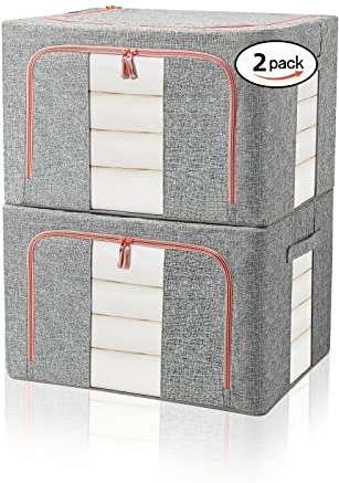 FUSACONY Aufbewahrungsbox 2 Stück, Kleiderschrank Organizer Faltbar Kleideraufbewahrung Box mit Metallrahmen, Aufbewahrungstasche für Kleidung, Bettdecken, Decken, Bettwäsche Grau (66L)