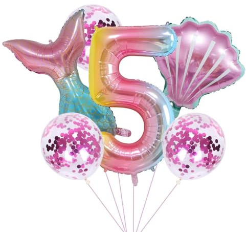 Jxuzh Sjöjungfru födelsedagsfest dekorationsset 5 år flicka Färgglad sjöjungfruballong 40 XXL Nummer 5 siffror ballong 5. Barnfödelsedagsflicka Folieballong LatexBallonger Sjöjungfruballongdekoration