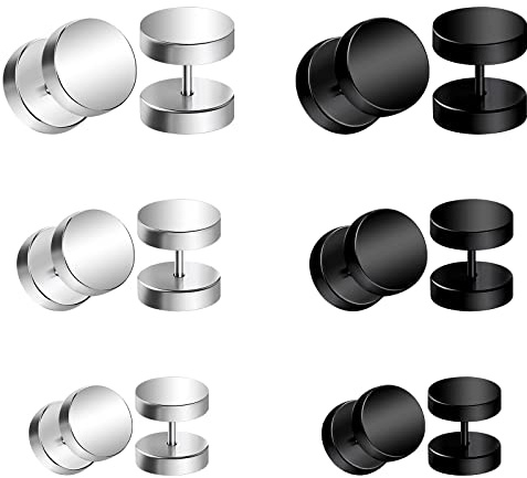 LAURITAMI 6 Pairs 16G Edelstahl Ohrstecker Stud Set Creolen Tunnel Ohrringe Fake Ears Plugs Schwarz Silber Schraube Helix Tragus Piercing 4-12mm