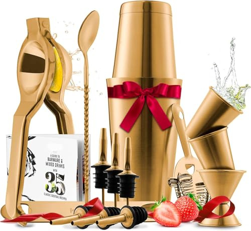 Bar Set Cocktail Shaker Set, Stainless Steel Mixology Bartender Kit, 16 Piece Cocktail Kit, Gold Cocktail Set, Bar Tools: 30oz Martini Shaker, Muddler, Bar Kit Cocktail Book, Jigger and Pourers