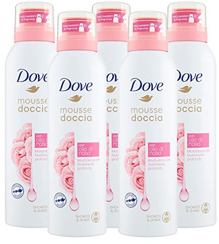 5x Dove Mousse Doccia Con Olio di Rosa Morbidezza e Nutrimento 24h - 5 Flaconi da 200 ml
