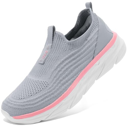 STQ Walking Shoes Women Wide Toe Box Slip on Sneakers Supportive Arch Support Orthopedic Shoe Non Slip Comfortable Breathable Memory Foam Athletic Sneaker Plantar Fasciitis Gym Workout Grey Pink 9 US