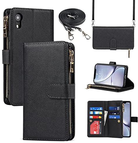 CAVOR Handykette Handyhülle kompatibel mit iPhone XR Hülle Mit Band,Flip Leder Geldbörse Hülle Mit Kette,[9 Kartenfach][Doppelte Schnalle],Umhängeband Klapphülle Handytasche - Schwarz