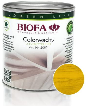 BIOFA Colorwachs lösemittelfrei farbig natürliche Holz-Wachs-Lasur mit Carnaubawachs für Holzdecken, Möbel, Spielzeug Zitronengelb 0,375L
