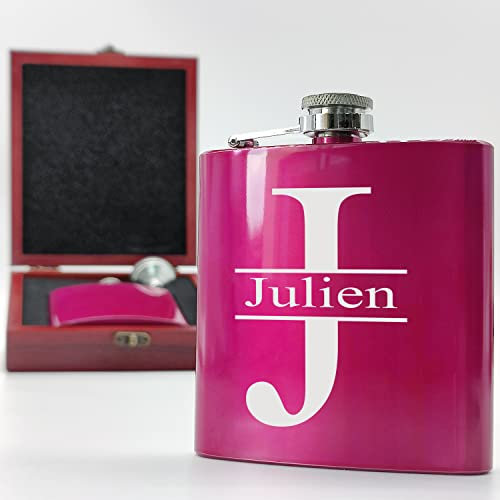 KDO MAGIC - Flasque alcool personnalisé - Flasque de poche personnalisable avec un prénom - 175ml - Couleur rose - Idée cadeau pour fête des pères, anniversaire, retraite et noël (Modèle Majuscule)