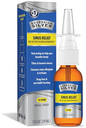 Sovereign Silver Sinus Relief Nasal Spray, 10 PPM Bio-Active Silver Hydrosol, Sinus Spray to Cleanse Mucus & Allergens, Drug-Free Nasal Cleanser, Non-Habit Forming – 1 fl oz (30mL)