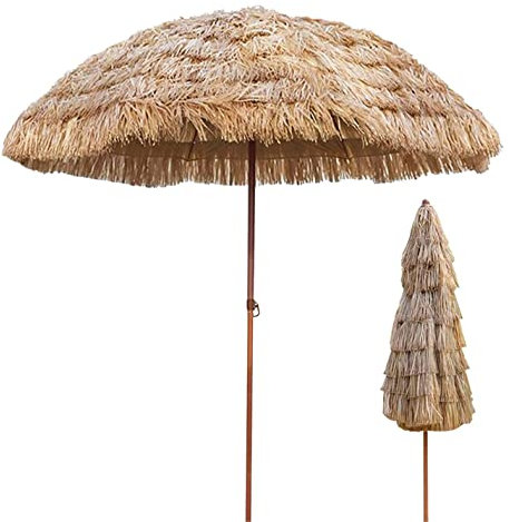 CHEMYO 200 cm/6,5 ft Hawaiischer Strohschirm mit Kippfunktion, Strand Tiki, Garten Pool Terrasse Balkonschirme, stabil/Winddicht/wasserdicht/UV-beständig