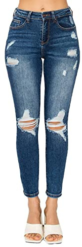 WAX JEAN Women's Butt I Love You Push Up High Rise Skinny Denim Jeans with Rips, Dark, 0