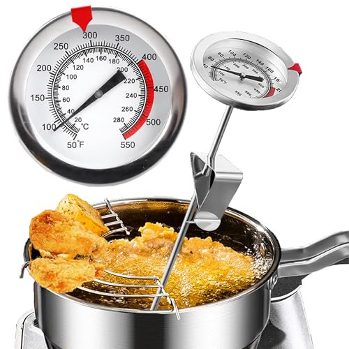DXIA Termómetro para freír de acero inoxidable con práctico clip, termómetro analógico para carne, termómetro de cocina, termómetro para barbacoa y temperatura del horno, 0 – 290 °C, escala legible en