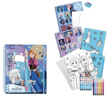 Frozen Ausmalbuch - Malbuch für Kinder mit Zeichenschablonen, Aufklebern, Bleistiften und Filzstiften - Schulsachen Set - Original Produkt in Spanien Designed
