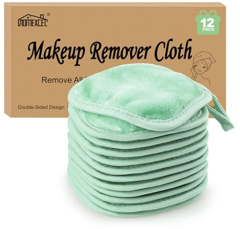 HOMEXCEL Makeup Remover Cloth 12 Count (Pack of 1), Reusable Makeup Remover Pads, Washable Ultra Soft Facial Cleansing Cloths for All Skin Types, 5 X 5 In, Green