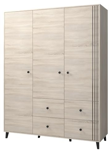 Fabryka Mebli Idźczak - Kinderzimmer Dreitüriger Kleiderschrank Fox 4S3D 19 mit Schubladen - ‎55 x 150 x 202 cm Schrank - Drehtürenschrank Schwarze Metallgriffe - Modernes Design