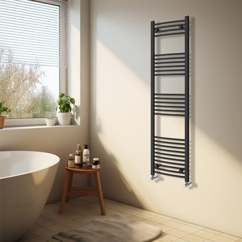 NRG Black Heated Towel Rail Curved Designer Bathroom Radiator - 1600×400mm | Modern Radiator, Steel, Wall Mounted, Central Heating Towel Warmer, for Bathroom, UK Central Heating Compatible