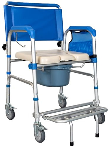 Toilettenstuhl mit Rollen für Senioren mit Verstellbarem Sitz Bis Zu 250 Kg, Stabiler Nachtstuhl für Erwachsene, Klostuhl Senioren Höhenverstellbar, WC Stuhl für Toilette mit Eimer