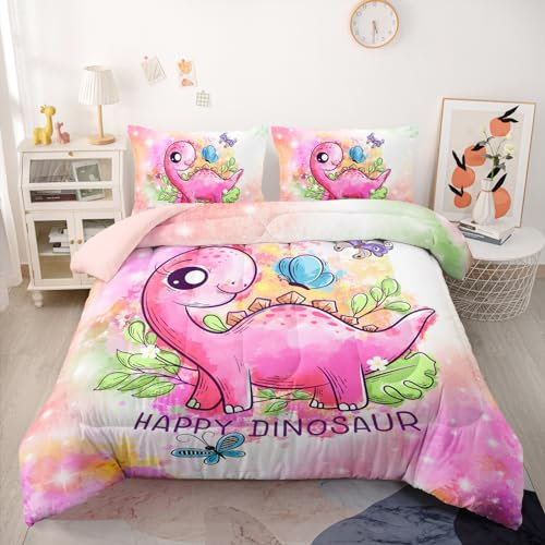 Nttopship Cartoon-Dinosaurier-Bettwäsche-Set für Kinder und Erwachsene, 3-teilig, rosa süße Dino-Bettwäsche, weiche warme Bettdecke für alle Jahreszeiten, Kinderzimmer-Dekoration mit 1 Bettdecke und 2