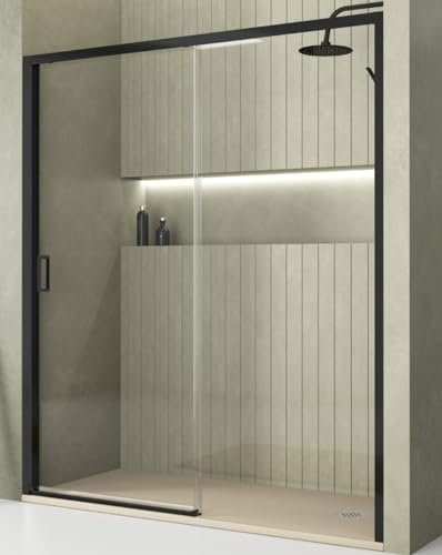 Mampara de Ducha Frontal Corredera 1 Puerta 1 Fijo | Vidrio Templado 5mm Antical Altura 190cm Transparente | Perfil Negro 140cm (Adaptable 138-142cm)