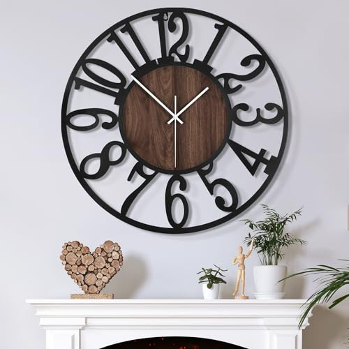 Mee 2ou Große Wanduhr Tickgeräusche, 50CM/20 Zoll Lautlos, Geräuschlose, Batteriebetrieben, Modern, Übergroße, Retro Vintage Übergröße Wanduhr für Wohnzimmer, Schlafzimmer Und Küche