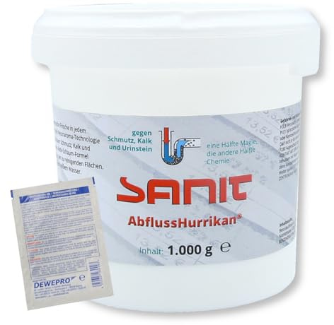 DEWEPRO-Set: SANIT AbflussHurrikan 1000 g - entfernt Schmutz, Kalk sowie Urinstein selbstständig und effektiv - WC-Reiniger - inkl. 1 St. DEWEPRO® SingleScrubs