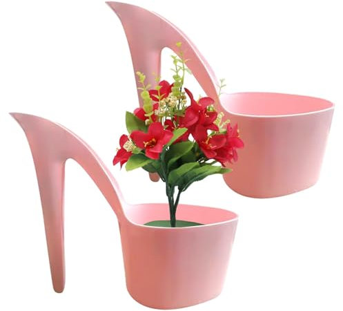 Lesunbak 2 High Heel Flower Pots, Unique Shaped Planter FunnyPlastic Shoes Plant Nursery Pots Cactus Pots Lightweight Bonsai Pot Plant Container For Indoor Outdoor Office Pink