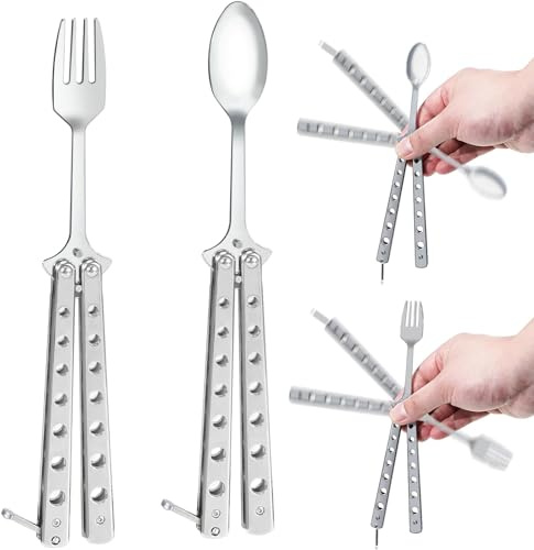Schmetterlingsgabel und Löffel, Edelstahl, wiederverwendbar, Göffel für Reisen, Camping, Jagd, Outdoor-Küche, 2 Stück (Silber)