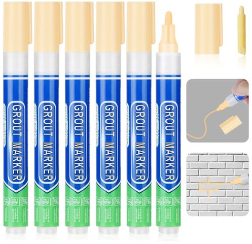 Flintronic 6 piezas Rotulador Juntas Azulejos de Color Crema, Rotulador juntas azulejos, Rotulador de lechada blanco para juntas de azulejos, Lápiz para Juntas, Restaura las juntas de baños y cocinas