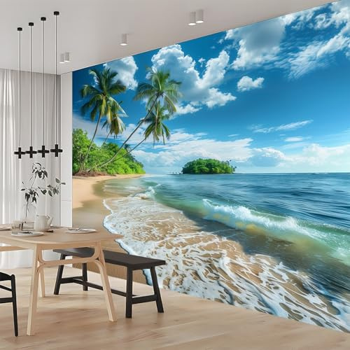 Générique 3D Panoramique Murale Vue Sur La Mer, Palmiers 200x140 cm Papier Peint Intissé pour Salon Chambre Enfant Chambre Décoration Murale Poster Tableaux Photo Muraux