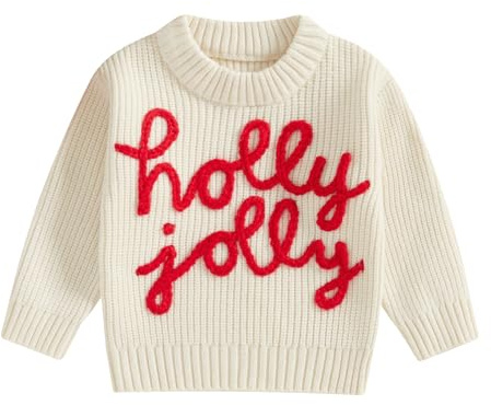 MAHUAOYIXI Costume di Natale - Vestiti di Natale per Neonati Bambini e Bambine - Maglione e Felpa con Ricamo di Lettere - Maglieria Spessa, bianco, 6-12 Mesi