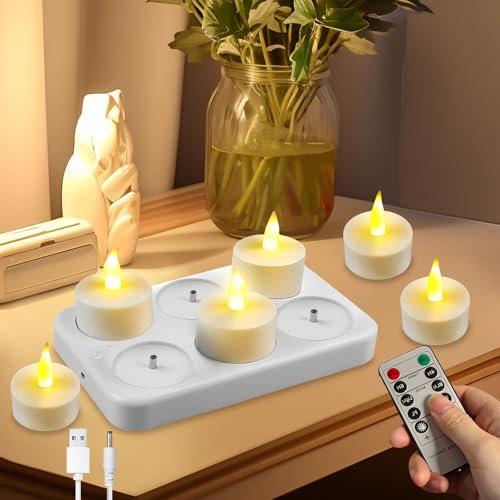 Velas LED BORDEAG, 6 unidades, recargables, temporizador, mando a distancia, sin llama, parpadeantes, decoración de salón, blanco