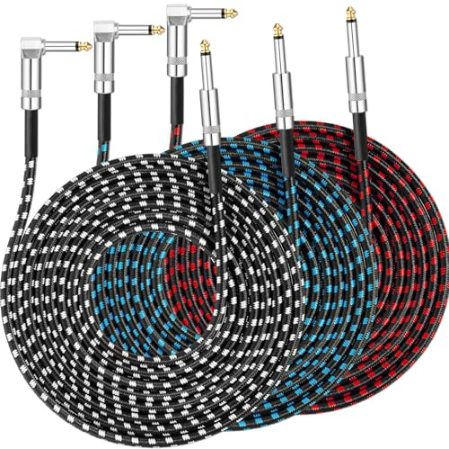 Tomorotec 3-Pack Guitar Cable 3M 10ft, Braided 1/4 Jack Lead for Bass/Amp | Tangle-Free Braided Design with Copper Core for Clear Signal, 3 Colour-Coded Cables for Easy Identification on Stage