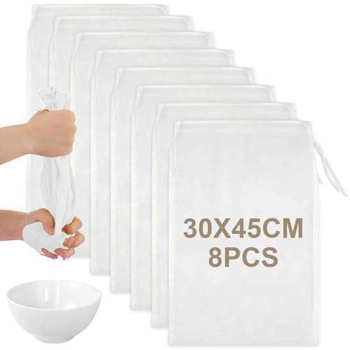 8Pcs Muslin Bag Cloths for Cooking Straining,Cheese Cloth,Reusable Nut Milk Bags,Yogurt Strainer,Tea Filter Bags,Nylon(80 Mesh 30X45CM)