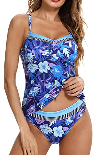 Aottori Tankini-set för kvinnor UK damer tryckta tankinis badkläder med shorts 2-delad bikiniset plus size baddräkt, Blå blommor, XL