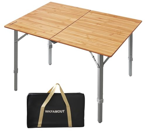 WKFAMOUT Bamboo Folding Camping Table 2-Folds with Adjustable Aluminum Legs Portable Picnic Table with Carry Bag for Outdoor Hiking Beach 2-4 Person