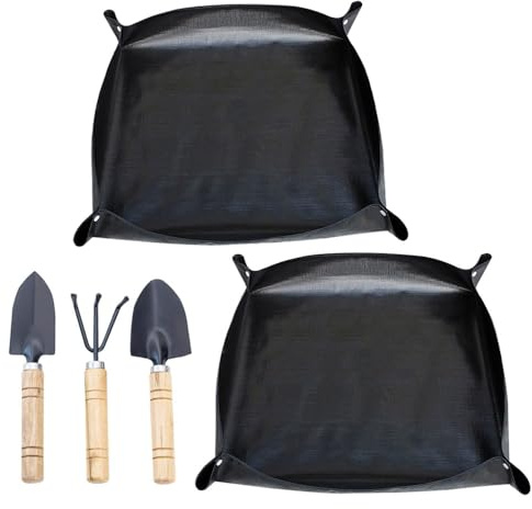 2 Stück Gartenmatte Pflanzmatte, 100x100cm wasserdichte Pflanzenmatte, Wasserdicht Pflanzen Umtopfen mit Gartenwerkzeug Faltbare Pflanzunterlage für Umtopf Sukkulenten Innenberei Garten(Schwarz)