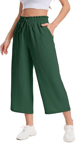 WUWUSKY Pantalón Capri Culotte para Mujer Verano Cintura Alta Tela Transpirable y Ligera con Bolsillos Estilo Casual, Verde Oscuro, XL
