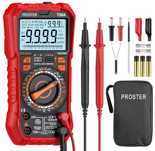 Proster Professional Digital Multimeter - 9999 Counts True RMS Electrical Multimeter Circuit Tester with Manual-Ranging, AC/DC Voltage&Current, Capacitance, Temperature, NCV, LOZ&HFE Test, Continuity