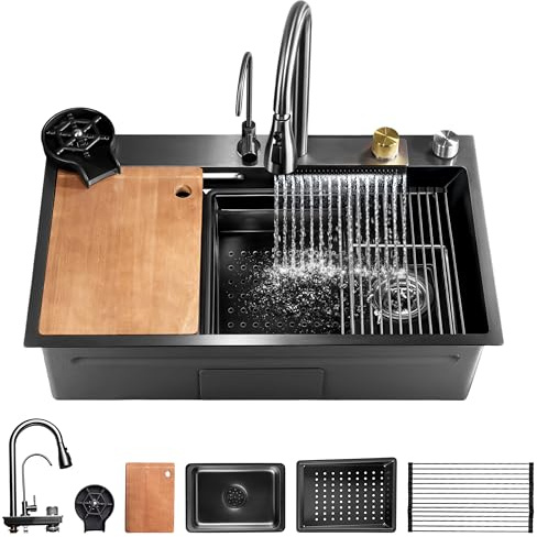 Serenelife fregadero cocina, Con grifo, Rejilla de drenaje, Canasta coladora, Tabla de cortar, Lavavasos, Acero inoxidable, Instalacion bajo o sobre encimera