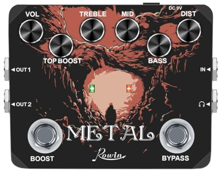 Rowin Metal Boost Distortion Pedal für Gitarre mit True Bypass und einstellbaren Frequenzreglern einschließlich Boost, Höhen, Bass, Lautstärke und Verzerrung für verschiedene Metalltöne