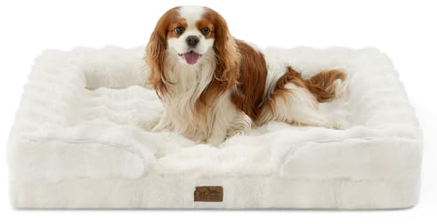 COZY KISS Orthopedic Dog Bed for Large Medium Size Dog, Soft and Warm Faux Fur Sofa for Pet Up to 75 lbs, Foam Bolster Anti-Slip Couch with Washable Removable Cover, L 36x27x6.5 inch, Beige