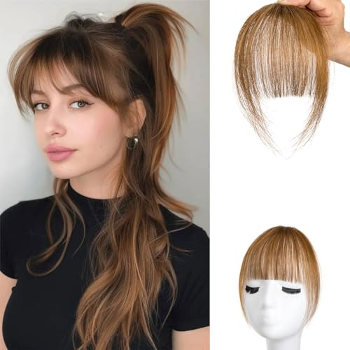 Pony-Haarverlängerung mit Clip, 100% Echthaar, für Damen, für den täglichen Gebrauch (A-Light Brown, Wispy Bangs)