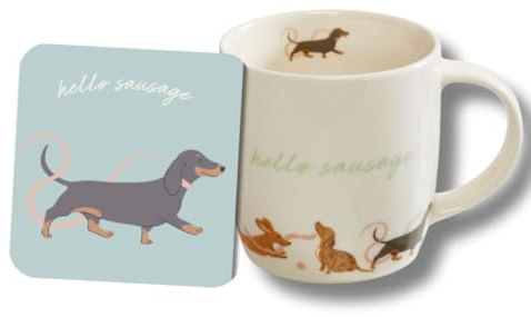 Cute CREATIONS Dog Design Mug with Matching Coaster, 350ml Cup & Drink Coaster Gift Set for Dog Lovers – Ceramic Tea & Coffee Mug with Cute Pet Design (Dachshund)