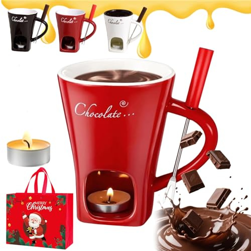 fjaldjfu Meltie Cup, Chocolate Fondue Mug Sets with Fork and Candle, Ceramic Sweet Chocolate Fondue Cup, Portable Ceramic Melting Cups for Chocolates Cheese & Desserts, Ideal Gifts (1PC-A)