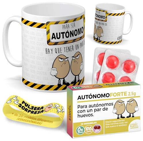 Kit regalo autónomos y emprendedores | Taza Para ser autónomo hay que tener un par de huevos + Caramelos divertidos + Pulsera sorpresa | Regalo original para freelance, cumpleaños o navidad