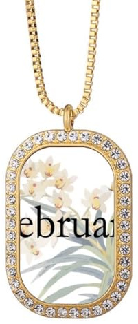 no/no Elegante collana con ciondolo a forma di orchidea di febbraio, con cristalli e diamanti, gioielli dorati