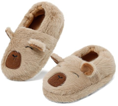 LACOFIA Zapatillas de Estar por Casa para Niños Pantuflas Peluche Animales Zapatos Invierno Suaves Antideslizantes Niñas Caqui 26/27