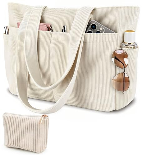 Mngevcy Cord Tasche Damen, Groß Tote Bag Strandtasche + Kleine Kosmetiktasche mit Reißverschluss, Shopper Tasche Damen, Handtasche Umhängetasche für Arbeit Schule und Gym Reisetasche Familie