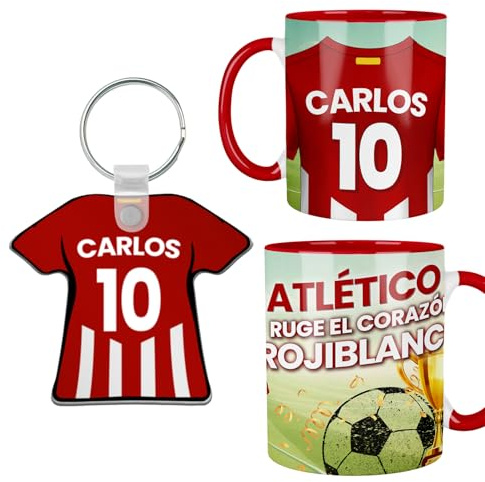 Kembilove® Pack Taza y Llavero Fútbol Atlético Personalizados | Nombre y Número | Regalo Rojiblanco para Aficionados Niño Adulto | Detalle Futbolero Atleti Original
