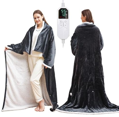 MY VITAL KEEP HEALTHY Heated Wearable Blanket with Foot Pocket – Fast Heating Electric Throw with Remote Control, Flannel & Sherpa, 55°C Max, Safe, Cozy & Washable
