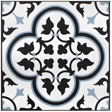 Pack of 16 Mediterranean Blue, Black & White Vinyl Floor Tiles Peel & Stick 1ft x 1ft, Geometric Mosaic Damask Design, Easy-Fit Flooring for Kitchens, Bathrooms, Living Rooms & Hallways Self Adhesive